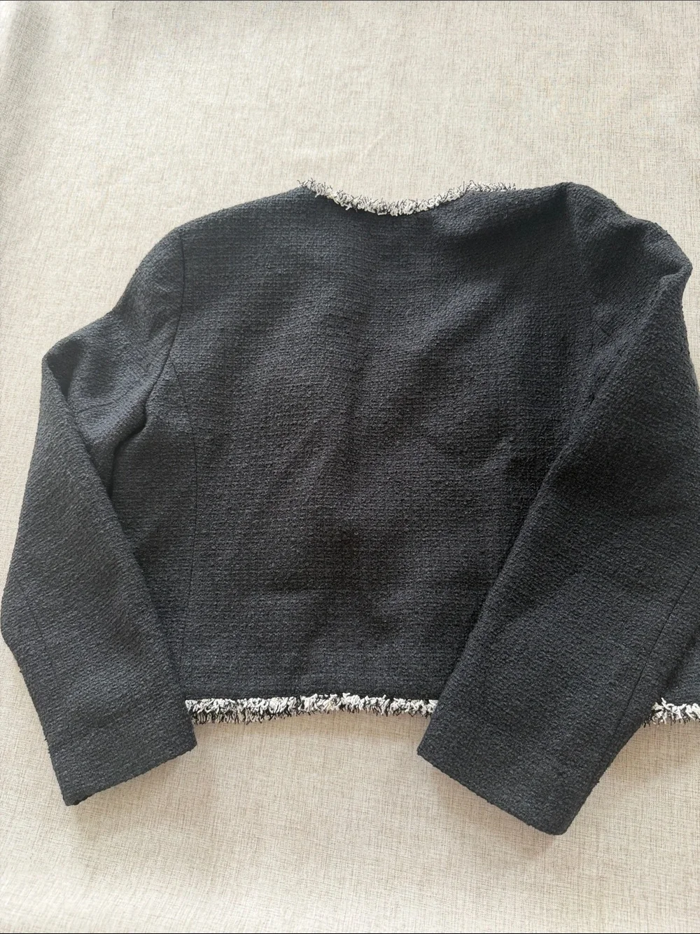LOFT Tweed Jacket Women’s Large Black Textured Cropped Contrast Fringe Trim